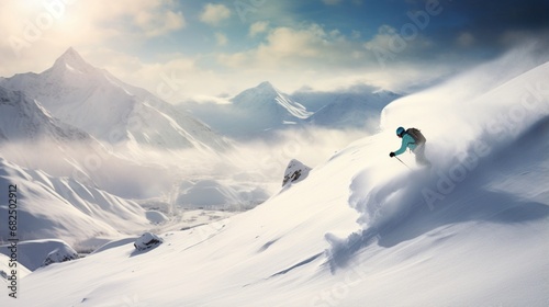 A lone snowboarder carving through fresh powder on a breathtaking mountain slope.