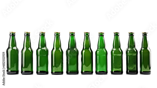 a row of Green bottles in a side view in an isolated and transparent PNG in a Beverage-themed, photorealistic illustration. Generative ai
