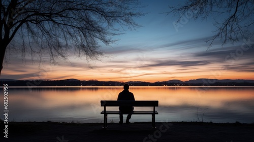 Silhouette of a man sitting on a bench, looking over the lake on the Fraueninsel island at the Chiemsee Lake in Bavaria, Germany