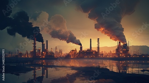 Working oil refinery. Smoke from the factory chimney. Ecological pollution. Air emissions polluting the city. Industrial waste is hazardous to health. Large factory in smog  Production in operation.