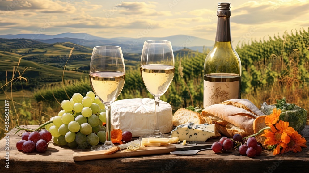 Picnic with glasses of white wine on a vineyard. Two glasses of white wine, cheese, bread, grape, berries, melon.
