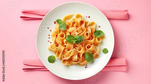 Above view with pappardelle pasta in a pink plate on a pink table. Homemade pasta with with pesto sauce minimalist on a pink background.