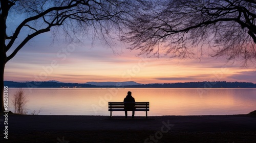 Silhouette of a man sitting on a bench, looking over the lake on the Fraueninsel island at the Chiemsee Lake in Bavaria, Germany photo