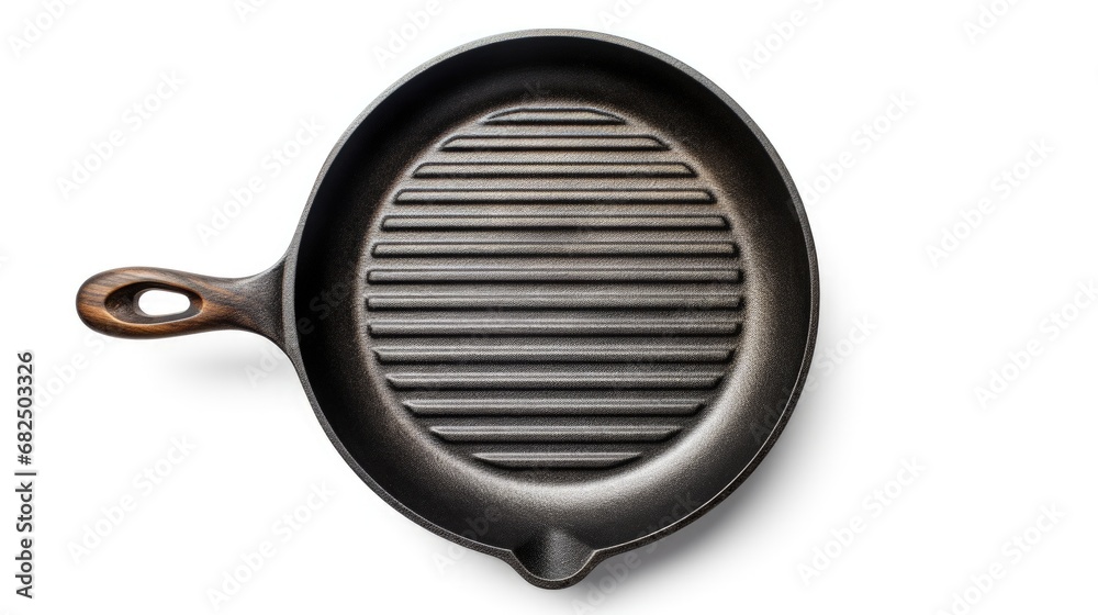 Empty cast iron grill frying pan isolated on white background with clipping path. Top view. Empty cast iron grill frying pan isolated on white background with clipping path. Top view.