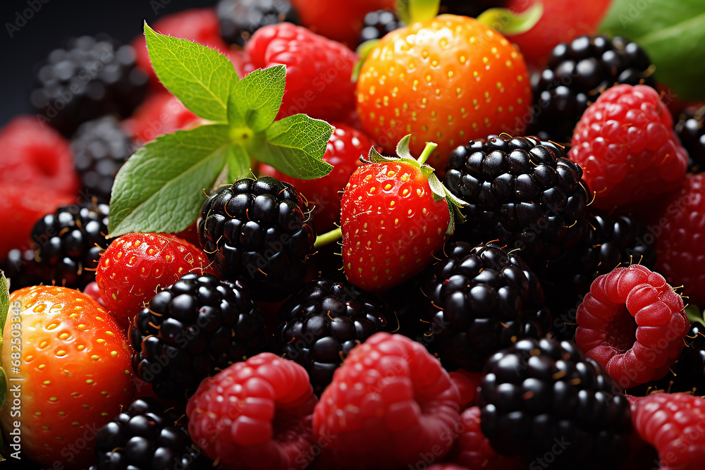Bright background of juicy fresh raspberries, strawberries, blackberries and blueberries Bright background of juicy fresh raspberries, strawberries, blackberries and blueberries