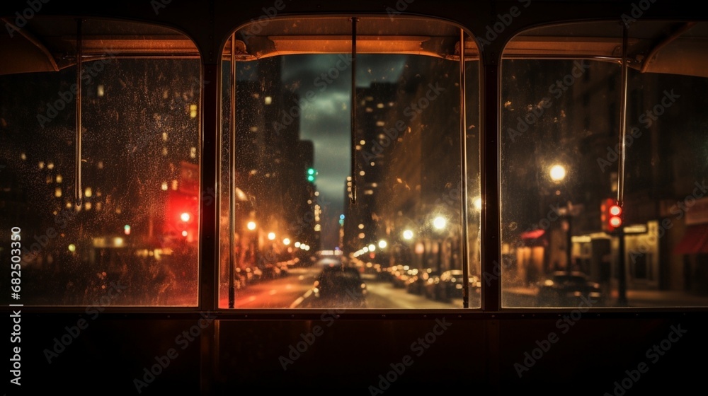 an image of city lights through the window of a vintage trolley Stock ...