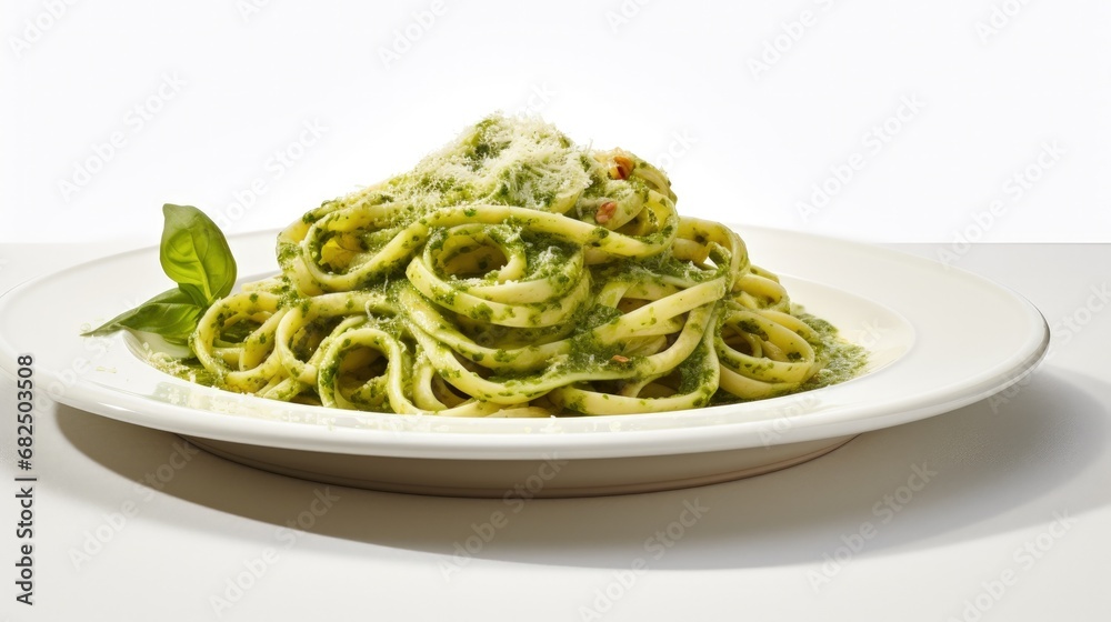 Pasta with pesto sauce, and parmesan on White plate