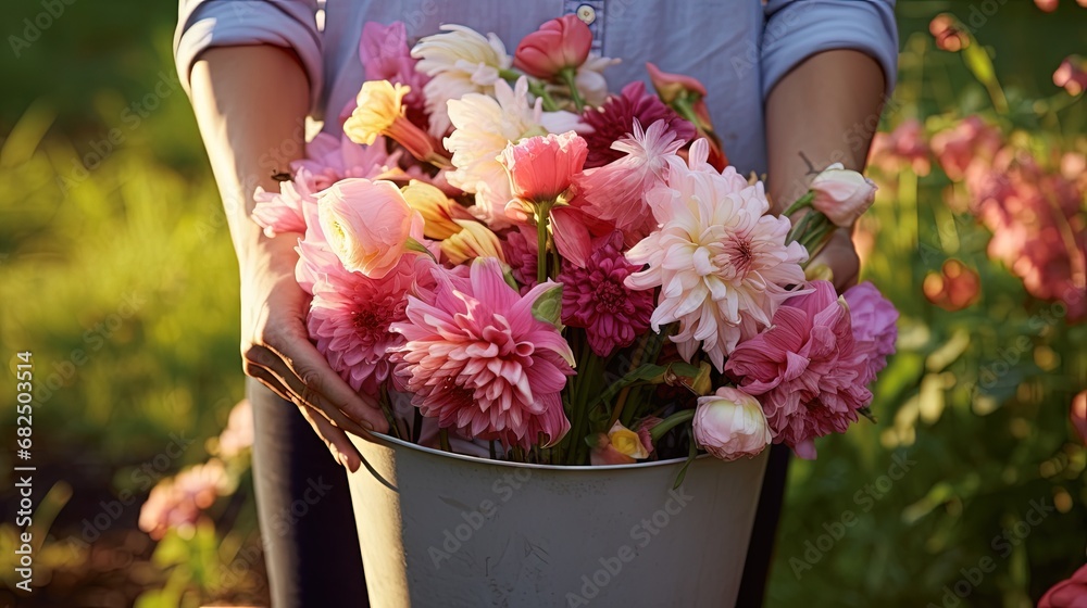 Close up of bucket full of fresh gladiolus and dahlia flowers harvested in summer garden. Senior woman farmer picked blooms grown organically - obrazy, fototapety, plakaty 