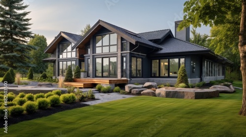 Beautiful exterior of newly built luxury home. Yard with green grass and nice landscape.