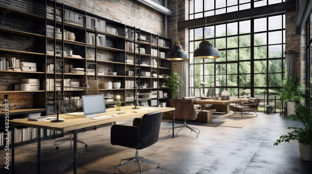 Modern office interior in loft, industrial style, 3d render Modern office interior in loft, industrial style, 3d render