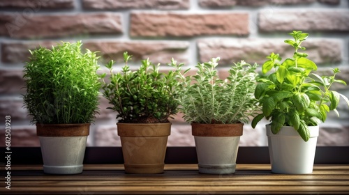 Different aromatic potted herbs near window indoors  closeup. Space for text