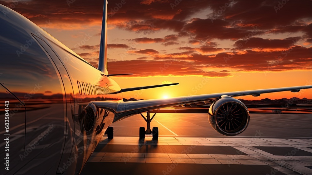 View of the wing and engine of a long-range passenger aircraft, evening airport at sunset - obrazy, fototapety, plakaty 