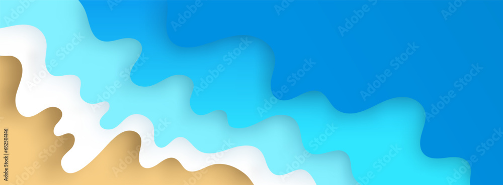 Sea shore waves and sand paper cut out colourful background top view cartoon style Sea shore waves and sand paper cut out colourful background top view cartoon style