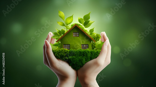 Des mains tenant une petite maison verte avec un toit en mousse, symbolisant le concept d'habitat écologique. 