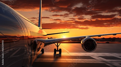 View of the wing and engine of a long-range passenger aircraft, evening airport at sunset photo