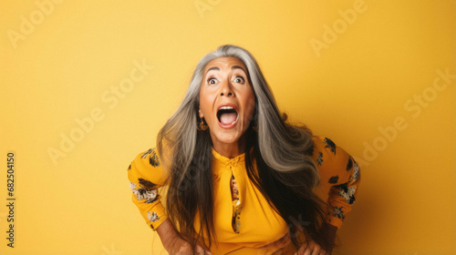 Young beautiful hispanic woman wearing casual dress standing over pink background afraid and shocked with surprise expression, fear and excited face. © Synthetica