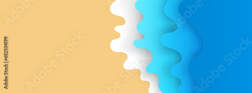 Sea shore waves and sand paper cut out colourful background top view cartoon style