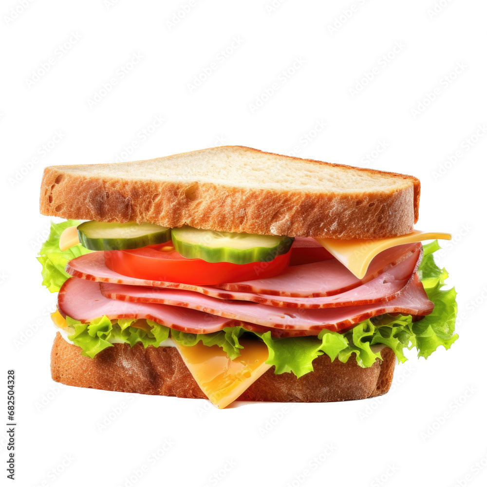 a sliced ham sandwich with cheese, lettuce and bread and butter pickles in an isolated and transparent PNG in an Food-themed, photorealistic illustration. Generative ai a sliced ham sandwich with cheese, lettuce and bread and butter pickles in an isolated and transparent PNG in an Food-themed, photorealistic illustration. Generative ai