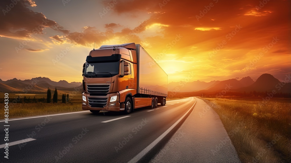 Loaded European truck on motorway in beautiful sunset light. On the road transportation and cargo.