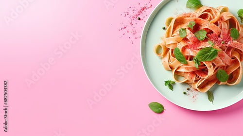 Above view with pappardelle pasta in a pink plate on a pink table. Homemade pasta with with pesto sauce minimalist on a pink background.