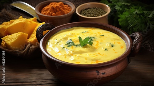 Close-up of Indian traditional kadhi or kadi pakora yogurt and gram flour and turmeric served hot in a bowl. Over a wooden background. photo