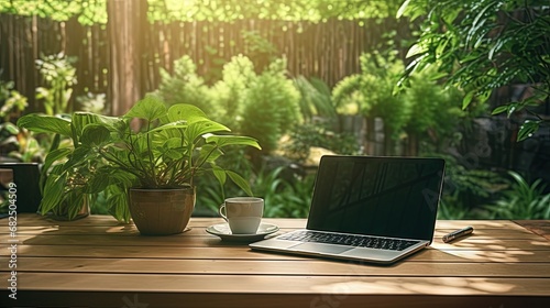 laptop with black screen, phone and cup of tea with shining ray of sun light in it on wooden table outside in green summer garden. Remote distant work or education in comfortable conditions