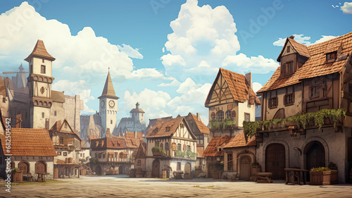 Retro postcard of medieval town with blue cloudy sky, old buildings and a street in poscart-style paintings