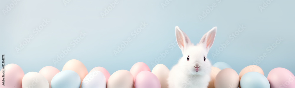 Title: Cute Easter Bunny Pet Rabbit With Easter Eggs, Copy Space For Easter Background, White Bunny Background, Pastel Colors, Easter Celebration, Easter Egg Hunt Title: Cute Easter Bunny Pet Rabbit With Easter Eggs, Copy Space For Easter Background, White Bunny Background, Pastel Colors, Easter Celebration, Easter Egg Hunt