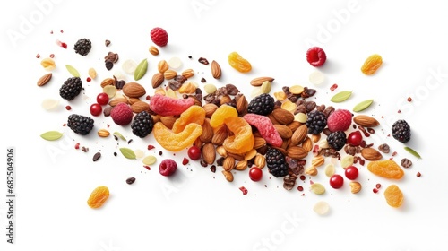 Cereals with dried fruits and berries in the air isolated on white