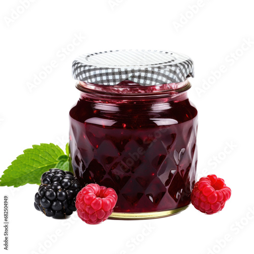 a jar of mixed berry jam/preserves, with real fruit, side view in an isolated and transparent PNG in a Food-themed, photorealistic illustration. Generative ai