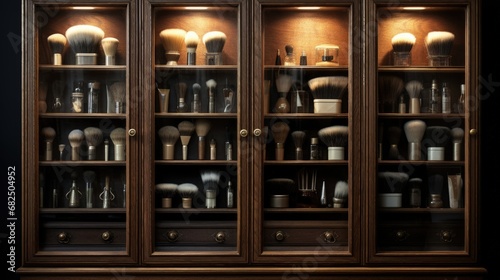 ajar doors of a vintage cabinet, where brushes for applying shaving foam stand in a row on a shelf
