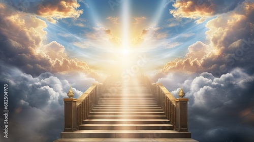 Stairs with sun beams . Way to heaven . Beautiful sky . photo