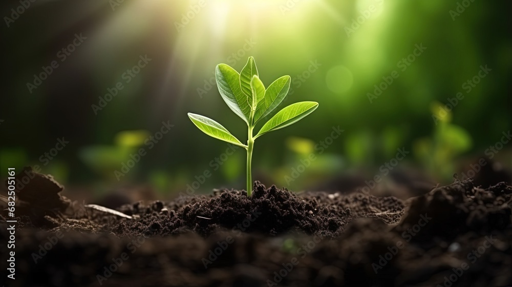 Young green plant growing at sunlight in the garden. World Earth Day banner. Save world concept.