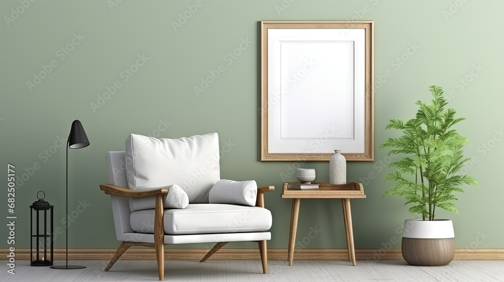 Stylish living room interior design with mock up poster frame, frotte armchair, wooden commode, side table, plants and creative home accessories. Sage green wall. Home staging. Template. Copy space.