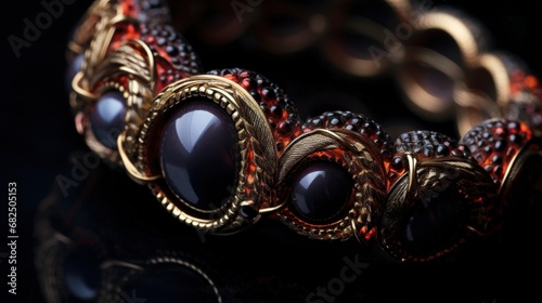 closeup handmade jewelry on black background