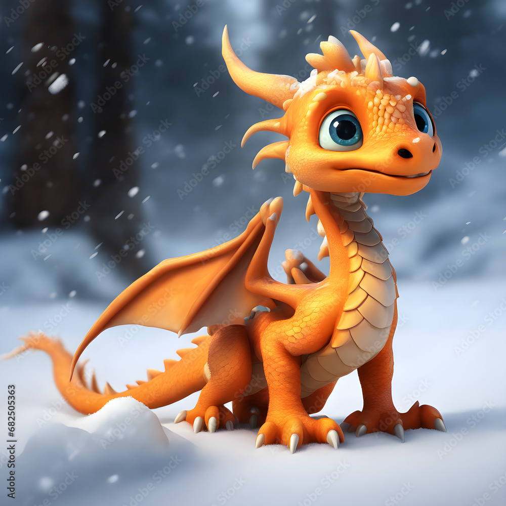 Naklejka premium Image of a cute orange dragon on a snowy background