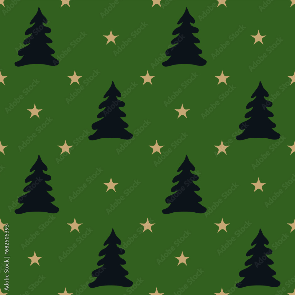 Seamless background with silhouettes of Christmas trees and stars. Pattern for wrapping paper