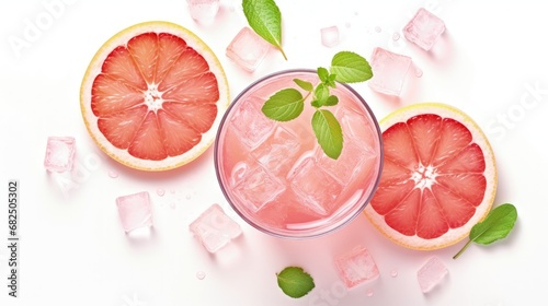 Pink cocktail with vodka, grapefruit and ice, soft cocktail, refreshing summer drink, isolated on white, top view photo