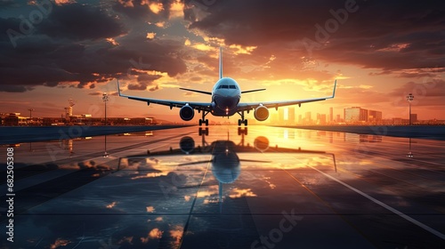passenger plane fly up over take-off runway from airport at sunset photo