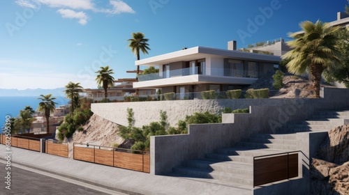 Villa in Los Monasterios Urbanization residential area. Design house and luxury facilities. Fence at a suburb house. Construction of modern house near coastline. Villa under construction in mountains