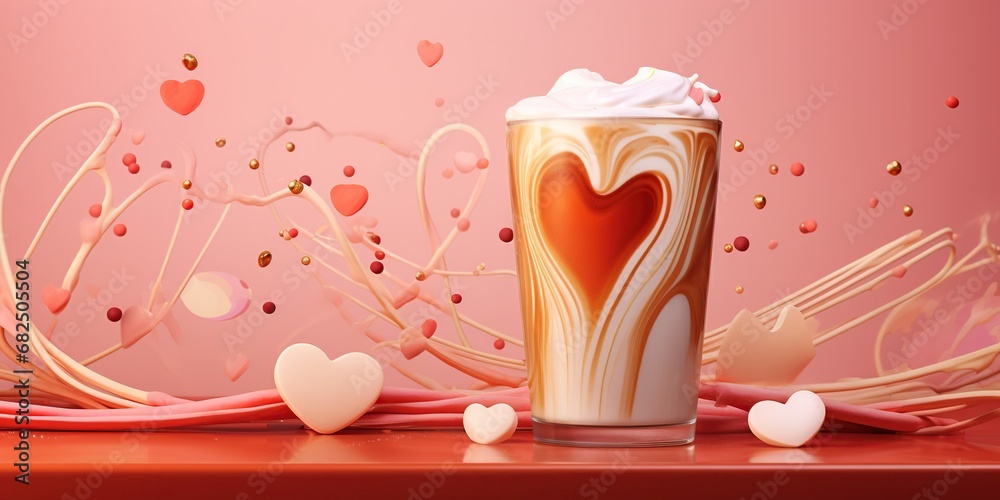 delicious caramel macchiato and hearts on pink background, valentine's day theme, coffee shop advertisement delicious caramel macchiato and hearts on pink background, valentine's day theme, coffee shop advertisement