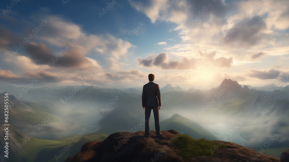 Businessman standing on top of a mountain and looking dramatic sky