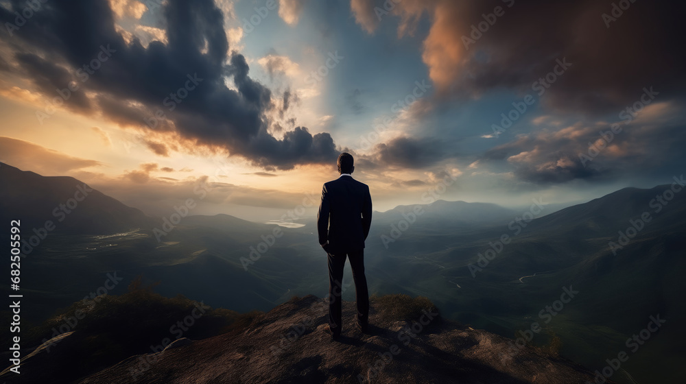 Silhouette of a businessman standing on top of a mountain and looking dramatic sky Silhouette of a businessman standing on top of a mountain and looking dramatic sky