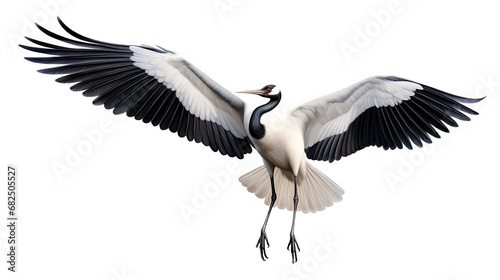  a red-crowned crane (Grus japonensis) in-flight, 3/4 view in an isolated and transparent PNG in a Nature-themed, photorealistic illustration. Generative ai