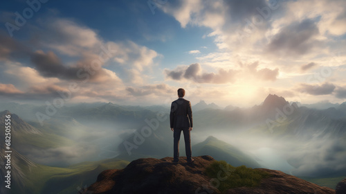 Businessman standing on top of a mountain and looking dramatic sky