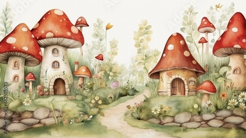 Cartoon fairy tale background with forest houses fly agaric, flowers, mushrooms, trees and animal characters. Little mice walk in the forest watercolor seamless pattern. Texture for nursery, wallpaper