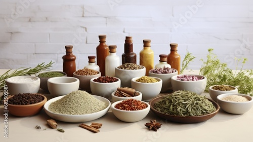 Various Herbs and spices on in white porcelain bowls ingredients used in herbal folk medicine alternative medicine