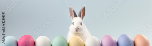 Title: Cute Easter Bunny Pet Rabbit With Easter Eggs, Copy Space For Easter Background, White Bunny Background, Pastel Colors, Easter Celebration, Easter Egg Hunt © blaize