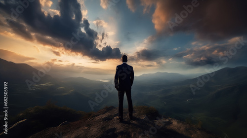 Silhouette of a businessman standing on top of a mountain and looking dramatic sky