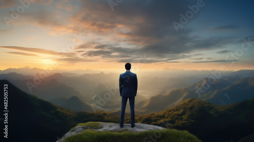 Businessman standing on top of a mountain and looking at the sunset